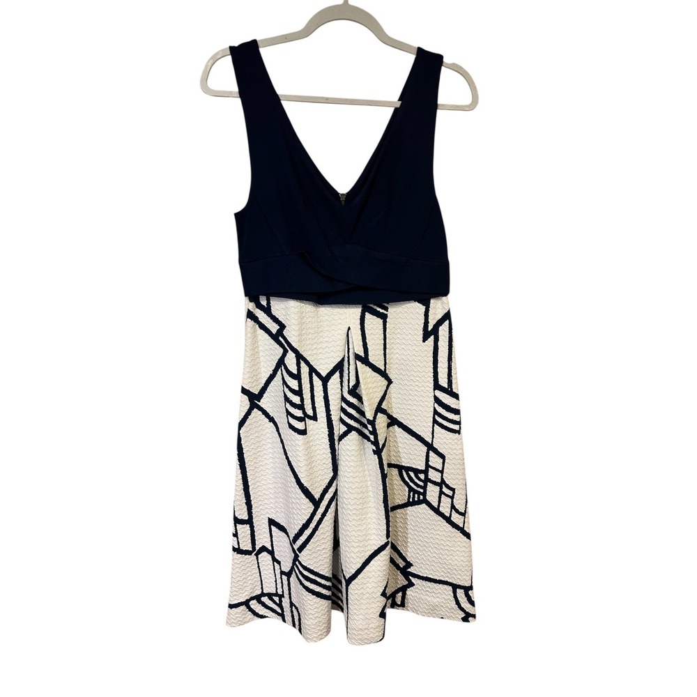 Anthropologie HD in Paris Womens Dress Navy Blue White Geometric Matelasse 4